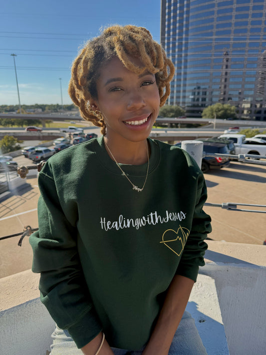 Healing with Jesus Crewneck Sweatshirt (Hunter Green)